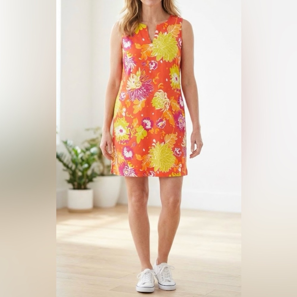 Lands End cotton floral sleeveless A-line dress. Split v-neck. Beach coastal Med